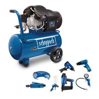 Kompressor HC55DC Profi Set von Scheppach. Enthält Kompressor mit 50L Tank und 3,0 HP Motor. Inkludiert verschiedene Werkzeuge wie Luftpistole, Nadelhammer, Spritzpistole und Druckmesser. 412 Liter pro Minute.