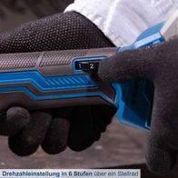 Der Akku-Winkelschleifer C-AG125-X von Scheppach bietet eine Drehzahleinstellung in 6 Stufen über ein Stellrad. Die Drehzahl kann zwischen 2500 und 10000 min^-1 eingestellt werden. Die Schleifscheiben haben einen Durchmesser von 125 mm.