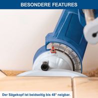Der Sägekopf der Kapp-Zugsäge HM305SL ist beidseitig bis 48° neigbar. Sie verfügt über einen Laser, Softstart und Posaunenauszug.