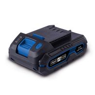 Scheppach Akku SBP2.0 mit 20 V und 2.0 Ah Li-Ion Power. Gezeigt von der Seite.