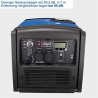 Inverter-Generator SG3400i mit 7,4-Liter-Tank und Geräuschpegel von 65,5 dB bei 7 Metern Entfernung; Steuerung und Ausgänge für AC und DC.