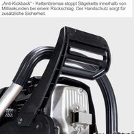 Die Benzin-Kettensäge CSP49-4T von Scheppach verfügt über eine Anti-Kickback-Kettenbremse, die die Sägekette innerhalb von Millisekunden bei einem Rückschlag stoppt. Der Handschutz sorgt für zusätzliche Sicherheit.