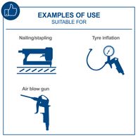 The image shows examples of use for the Scheppach HC30ox Air Compressor. Suitable for nailing/stapling, tyre inflation, and an air blow gun. The compressor provides 8 Bar pressure, 200 litres per minute and is oil-free and low-maintenance.