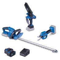 Das Akku-Garten-Set AGS200 von Scheppach umfasst eine Astschere, einen Gehölzschneider und eine Heckenschere. Inklusive 2x 4Ah Akku und 2,4A Ladegerät. Alle Geräte sind kabellos und mit 20V betrieben.