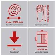 Wichtige Spezifikationen für Holzspalter: Spaltbreite bis 450 mm, Spaltgutgröße bis 1070 mm × 400 mm, Spaltkraft 15 Tonnen, Motorleistung 3500 Watt