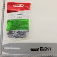 Kettenschwert Oregon 100SDEA041, von oben fotografiert, mit Messskala im Hintergrund.