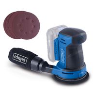 The Cordless Orbital Sander C-OBS125-X by Scheppach with a 125mm sanding pad and oscillation speed of 6000 – 24,000 min-1. Includes sanding pads and a protective cover.