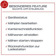Besonderes Feature: Smarte App-Steuerung. Gerätestatus, Mähplan bearbeiten, Kantenschneidfunktion, Mähzonen einstellen, Mähen starten/stoppen, Rückkehrfunktion zur Ladestation.
