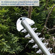 The Scheppach Cordless Hedge Trimmer C-HT570-X features an impact protector that prevents kickback when coming in contact with walls, fences etc.