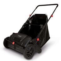 Laub- und Rasensammler LSP-360 von Scheppach. Gezeigt von der Seite mit schwarzem Sammelbeutel und roten Griffen.