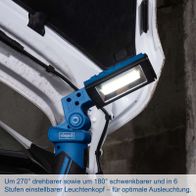 Leuchtkopf der Akku-Arbeitsleuchte mit 270° Drehbarkeit und 180° Schwenkbarkeit in sechs Einstellstufen für optimale Ausleuchtung