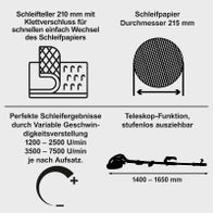 Technische Merkmale für Schleifkopf und Schleifpapier: Schnellwechsel für Schleifkopf, Durchmesserdurchmesser 210 mm, Teleskopfunktion für stufenlose Ausziehbarkeit, 1400–1650 mm Länge.