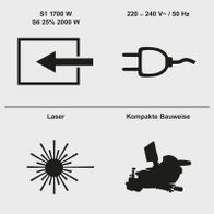 Scheppach Laser mit kompakter Bauweise. Leistungsaufnahme: 1700 W (S1) und 2000 W (S6 25%). Spannung: 220-240 V, 50 Hz.