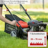 Der Benzin Rasenmäher MS150-42E von Scheppach bietet eine zentrale Schnitthöhenverstellung mit 7 Stufen von 25 bis 75 mm.