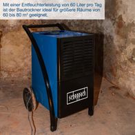 Der Bautrockner DH6100x von Scheppach hat eine Entfeuchtungsleistung von 60 Litern pro Tag und eignet sich für Räume von 60 bis 80 m².