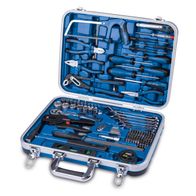 Der Werkzeugkoffer TB173 von Scheppach enthält eine Abisolierzange und zahlreiche weitere Werkzeuge wie Schraubendreher, Zangen, Nüsse und Bits. Die Werkzeuge sind in einem robusten Koffer mit blauem Innenfach organisiert.