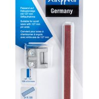 Scheppach Schleifbandset für Dekupiersägen. Enthält zwei Schleifbänder mit Körnung 100, 180 und 240. Geeignet für Sägen mit 127 mm Stiftaufnahme. Gezeigt von der Seite.