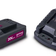 Gomag Akku Starterkit 20V GO-SK2.0 Ersatzakku 2Ah und Ladegerät. Ersatzakku von vorne und Ladegerät von oben.