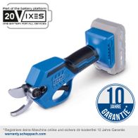 Die Akku-Astschere BC-PRS28-X von Scheppach bietet eine 10-Jahre-Garantie bei Online-Registrierung. Sie ist Teil der 20VIXES-Batterieplattform und verfügt über einen bürstenlosen Motor mit automatischer Abschaltung und Handschutz.