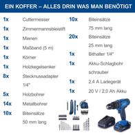 Liste mit Werkzeugausstattung für Mobile Werkstatt inkl. Bohrer, Akku-Set und Adapter für Scheppach-Produkte