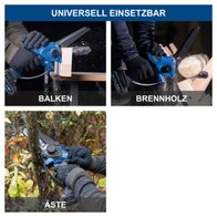 Der Akku-Gehölzschneider BC-PS150X ist universell einsetzbar und eignet sich zum Schneiden von Balken, Brennholz und Ästen. Die Bilder zeigen die verschiedenen Anwendungsmöglichkeiten des Werkzeugs.