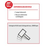 Der Elektro-Abbruchhammer AB2000 Herkules hat eine Kupferwicklung der Spule für lange Lebensdauer und bessere elektrische Leitfähigkeit. Die Schlagkraft beträgt 60 Joule mit einer maximalen Schlagzahl von 2000 bpm.