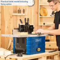 Practical table model with fixing option. The HF50 router table from Scheppach features a 40mm spindle height and collets in sizes 6, 8, and 12mm. It also includes a table extension.
