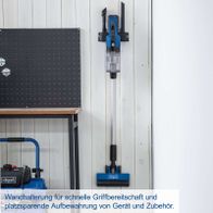 Wallhalterung für schnelle Griffbereitschaft und platzsparende Aufbewahrung von Gerät und Zubehör für Scheppach-Akku-Handstaubsauger.