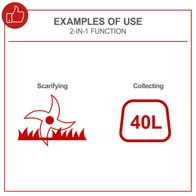 The petrol scarifier SC55P by Scheppach features a 2-in-1 function: scarifying and collecting. It has a working width of 40 cm and a 40-litre collection bag. The engine delivers 5.4 HP.
