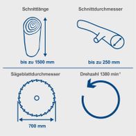 Wippsäge mit Schnittlänge bis zu 1500 mm, Schnittdurchmesser bis zu 250 mm, Sägeblattdurchmesser 700 mm, Drehzahl 1380 min⁻¹.