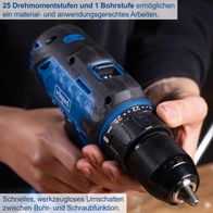 Der Akku-Bohrschrauber C-DD45-X von Scheppach bietet 25 Drehmomentstufen und 1 Bohrstufe für präzises Arbeiten. Schnell und werkzeuglos umschaltbar zwischen Bohr- und Schraubfunktion.