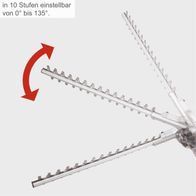 Die Elektro-Langstiel-Heckenschere ETHT1000 von Scheppach bietet eine 10-stufige Verstellung des Schnittwinkels von 0° bis 135°.