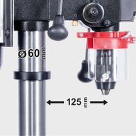 Die Tischbohrmaschine BTD19Vario-BE von Scheppach hat eine Bohrspindel mit 60 mm Durchmesser und einen Arbeitsbereich von 125 mm.