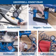 Werkzeuge für Luftmatratzen und Sportartikel: Reifenauffüllung, Nageln/Tackern, Ausblasen und Luftdruckkontrolle mit Kompressor.