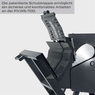 Patentierte Schutzklappe für sicheres Arbeiten an der Wippkreissäge PX-WS-700