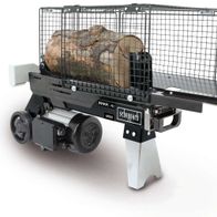 Holzspalter HL460 von Scheppach, seitliche Ansicht mit Holzklotz im Gitterkorb.