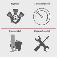 Dieses Produkt verfügt über einen 3-Zylinder-Motor, 2 Druckmanometer, ist transportabel und wartungsfreundlich.