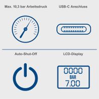 Der Akku-Handkompressor CAP150-4V von Scheppach hat einen maximalen Arbeitsdruck von 10,3 bar, einen USB-C-Anschluss, eine automatische Abschaltung und ein LCD-Display.