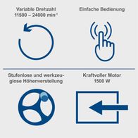 Wichtige Merkmale einer Fräsmaschine mit variabler Drehzahl (11.500–24.000 U/min), einfacher Bedienung, stufenloser und werkzeugloser Höhenverstellung sowie starkem 1500-W-Motor