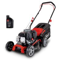 Benzin Rasenmäher MP135-42 Scheppach mit 3 PS, 42 cm Schnittbreite, 55 Liter Fangkorb, inkl. Motoröl. Gezeigt von der Seite.