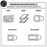 Anwendungsbeispiele für präzise Bohrungen in Holz, Stahl, Metall, Aluminium und Kunststoff. Geeignet für verschiedene Materialien mit spezifischen Bohrerformen.