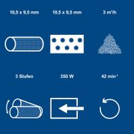 Technische Daten für Filterelemente: 10,5 x 9,5 mm, Luftdurchsatz 3 m³/h, 3 Stufen Filterung, 350 W, 42 min⁻¹