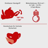 Handgriff mit Drehfunktion für bequeme Bedienung, Motorleistung und Winkelangaben für Heckenschere