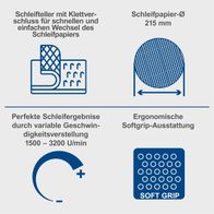 Wand- und Deckenschleifer mit Klettverschluss für schnellen Schleifpapierwechsel, 215 mm Scheibendurchmesser, variable Geschwindigkeit 1500–3200 U/min, ergonomischer Softgrip
