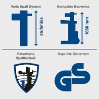 Das Holzspaltsystem mit stufenloser Spalttiefe und kompakter Bauweise, 1080 mm Höhe. Patentierte Spalttechnik und geprüfte Sicherheit.