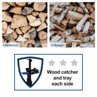 Log splitter with wood catcher and tray on each side.