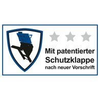 Mit patentierter Schutzklappe nach neuer Vorschrift. Drei Sterne als Qualitätsmerkmal.