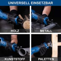 Die Akku-Säbelsäge BC-RS250-X von Scheppach ist universell einsetzbar für Holz, Metall, Kunststoff und Paletten. Sie verfügt über einen hub von 28mm und eine Hubzahl von 0-3000min-1 sowie eine LED-Leuchte.