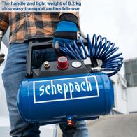The Scheppach HC06 air compressor features a handle and a lightweight design of 8.2 kg, making it easy to transport and use on the go.