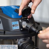 Elektro Nass-/Trockensauger mit 230 V und max. 2000 W Leistung. 1500 W Betriebsleistung, 30 Liter Fassungsvermögen. Werkzeugsteckdose für zusätzliche Geräte.